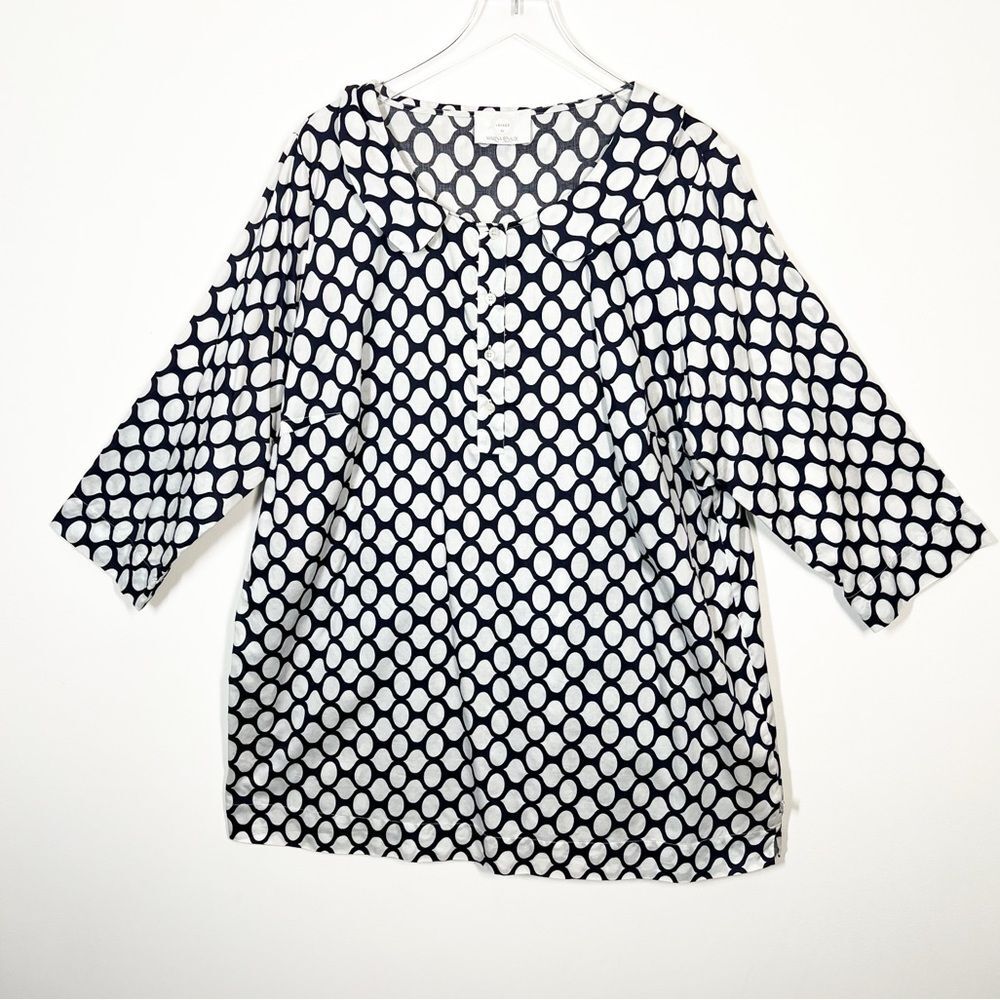 Marina Rinaldi Womens Size 2X Blue White Geometric Dot Tunic Button Front Shirt